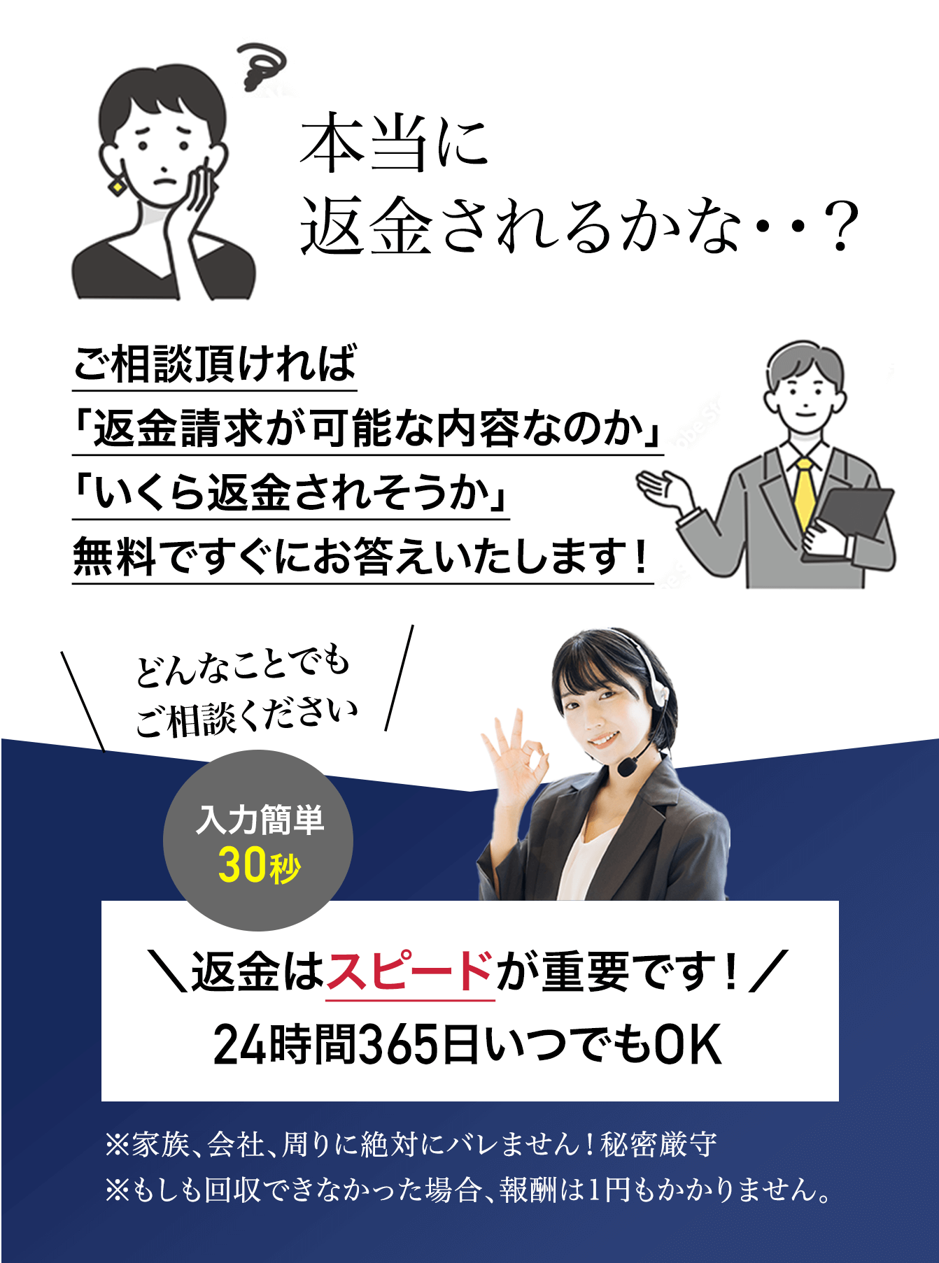 本当に返金されるかな？ご相談いただければ「返金請求が可能な内容なのか」「いくら返金されそうか」無料ですぐにお答えいたします！どんなことでもご相談ください 入力簡単30秒 返金はスピードが重要です！24時間365日いつでもOK ※家族、会社、周りに絶対バレません！秘密厳守 ※もしも回収できなかった場合、報酬は1円もかかりません。